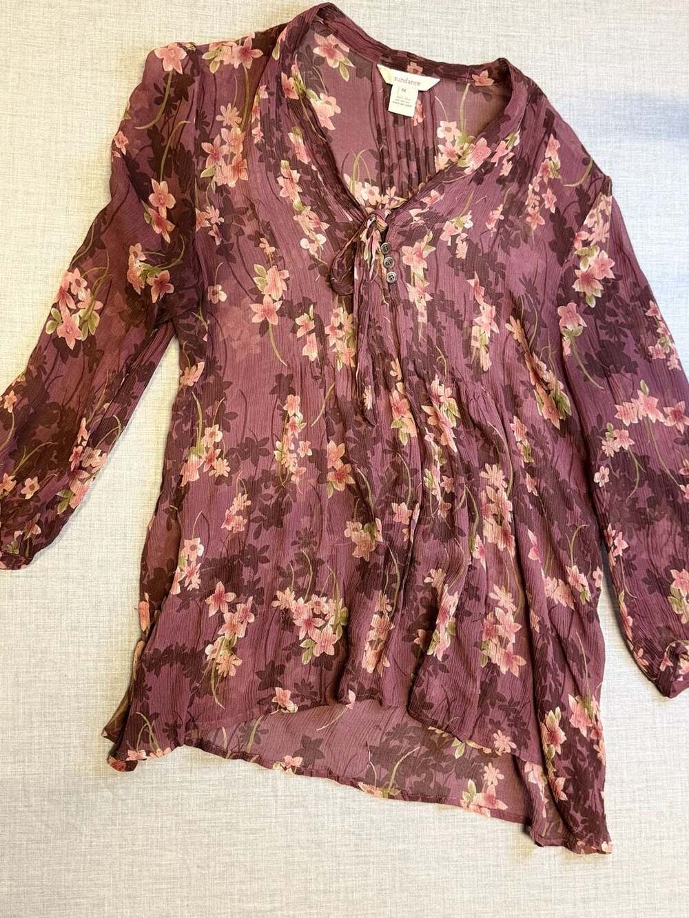Sundance 100% Silk Floral Pintuck Tie-Neck Blouse Size M